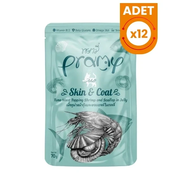 Pramy Jöle İçinde Karidesli Deniz Taraklı ve Ton Balıklı Pouch Yetişkin Konserve Kedi Maması
