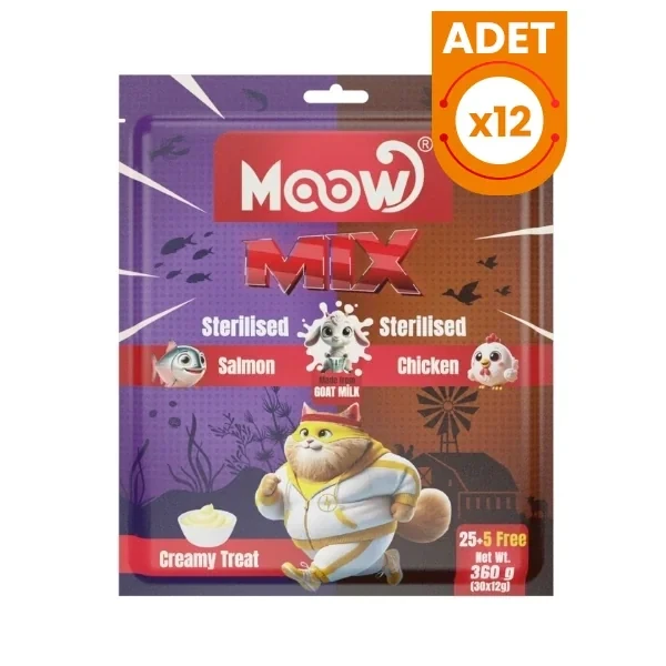 Moow Karışık Somonlu ve Tavuklu Keçi Sütlü Kısırlaştırılmış Sıvı Kedi Ödül Maması