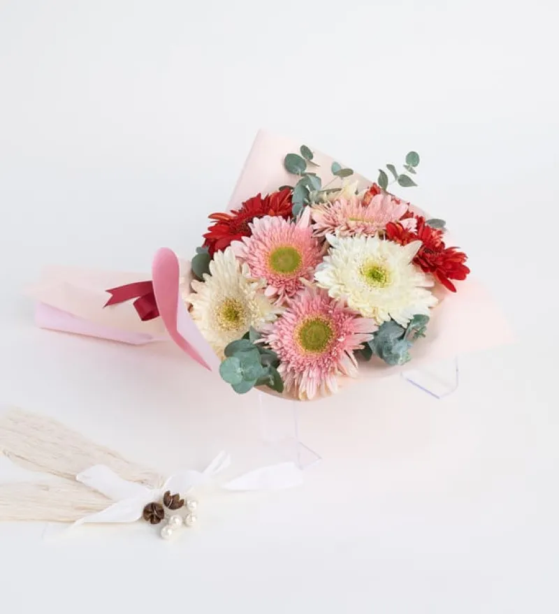 Pudra Bukette Kırmızı Pembe ve Beyaz Gerberalar