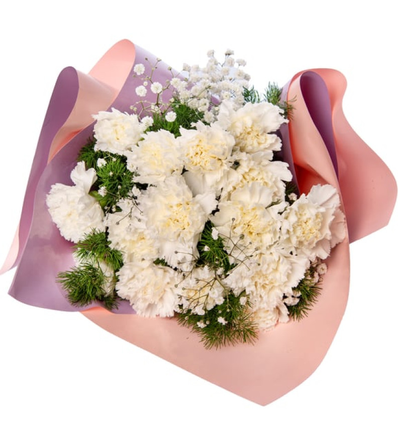 Lila Pembe Bukette Beyaz Karanfiller